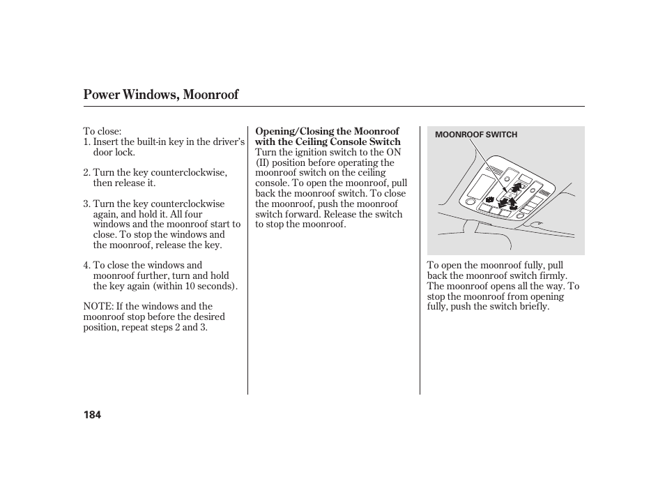 Power windows, moonroof | Acura 2008 RL User Manual | Page 190 / 502