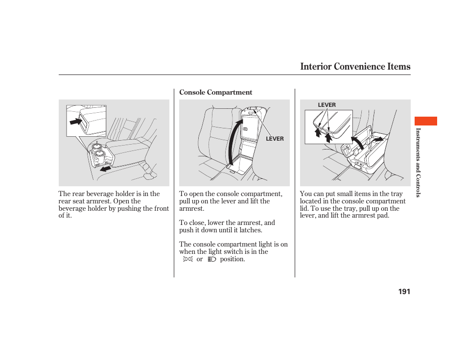 Interior convenience items | Acura 2008 RL User Manual | Page 197 / 502