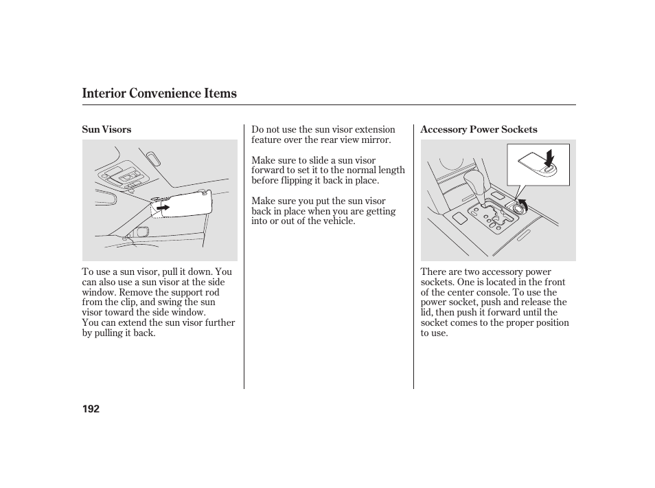 Interior convenience items | Acura 2008 RL User Manual | Page 198 / 502