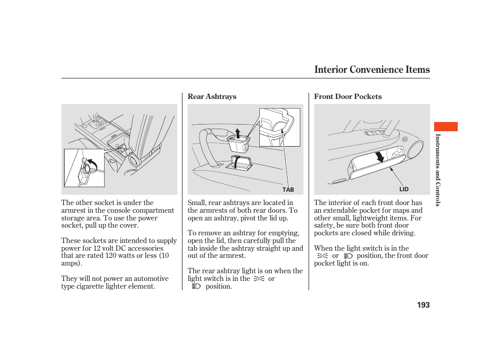 Interior convenience items | Acura 2008 RL User Manual | Page 199 / 502