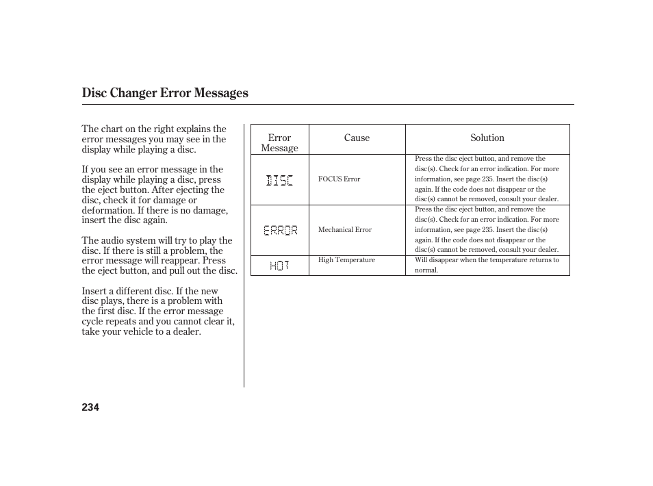 Disc changer error messages | Acura 2008 RL User Manual | Page 240 / 502