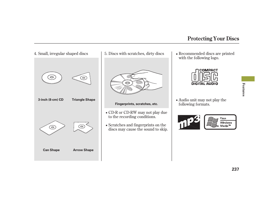 Protecting your discs | Acura 2008 RL User Manual | Page 243 / 502