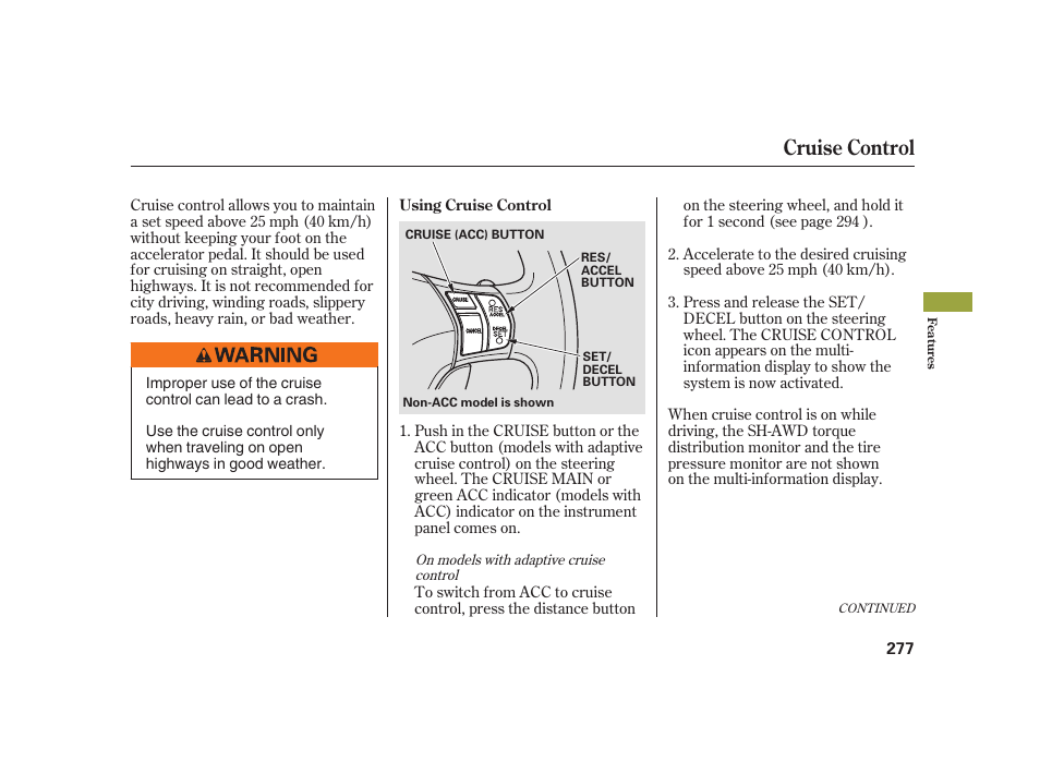 Cruise control | Acura 2008 RL User Manual | Page 283 / 502