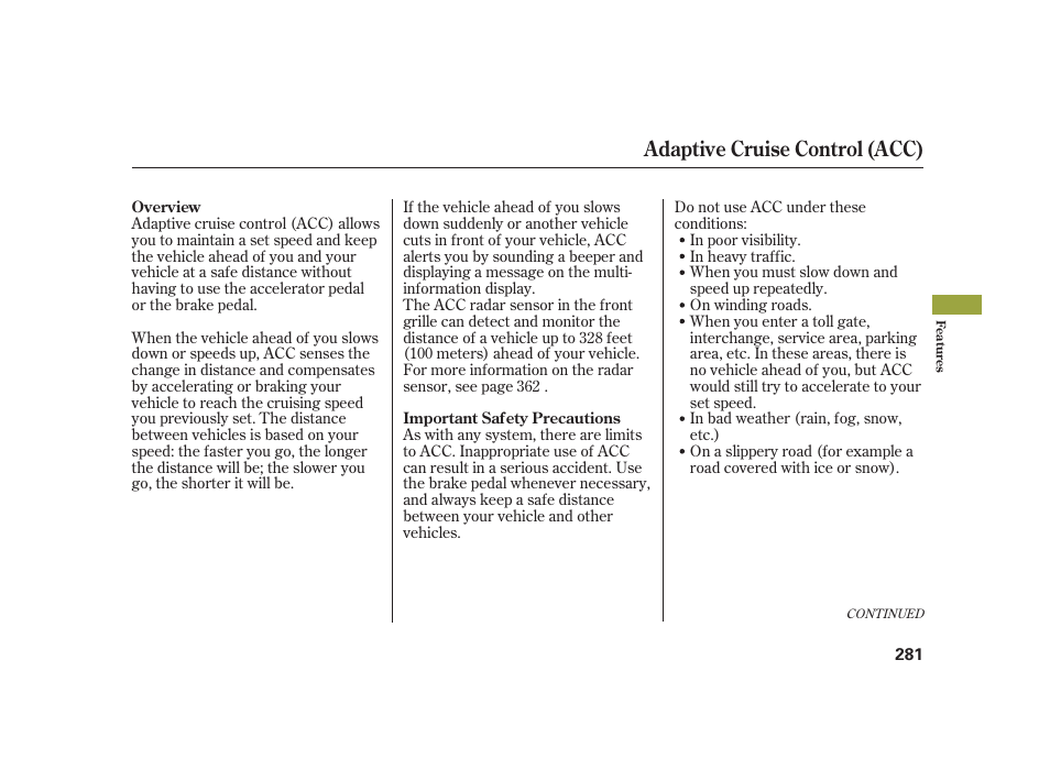 Adaptive cruise control (acc) | Acura 2008 RL User Manual | Page 287 / 502