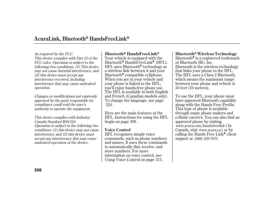 Acuralink, bluetooth handsfreelink | Acura 2008 RL User Manual | Page 314 / 502