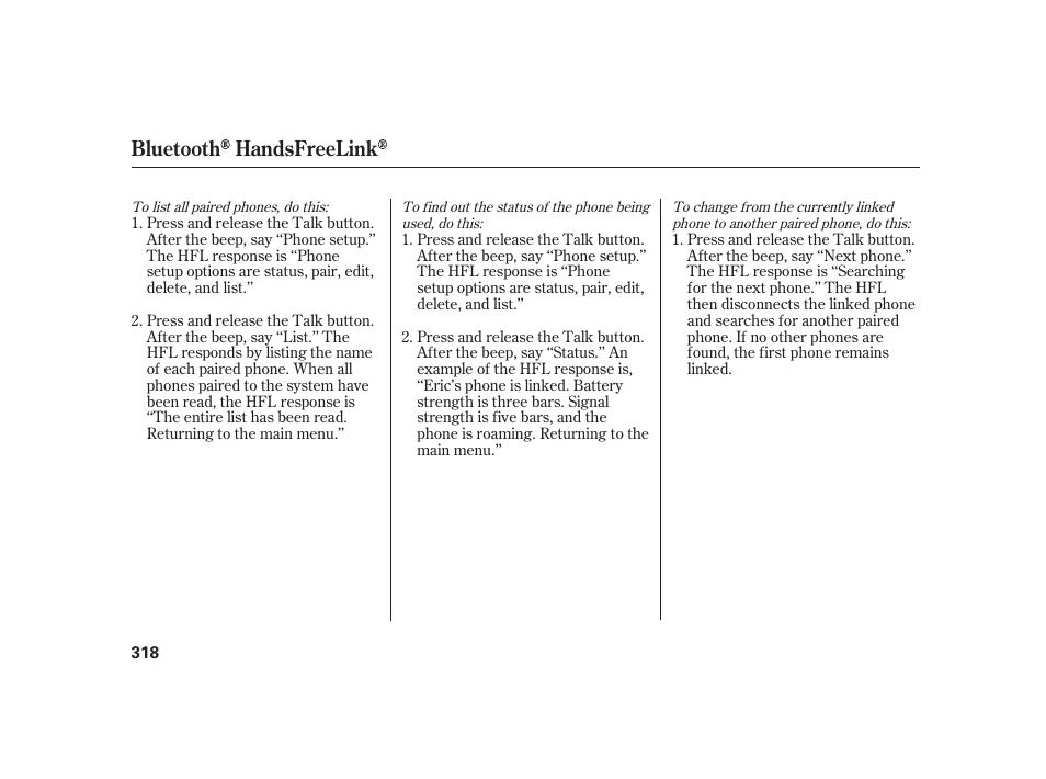 Bluetooth handsfreelink | Acura 2008 RL User Manual | Page 324 / 502