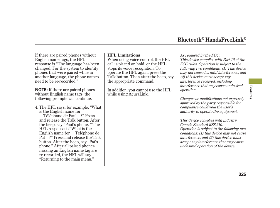 Bluetooth handsfreelink | Acura 2008 RL User Manual | Page 331 / 502