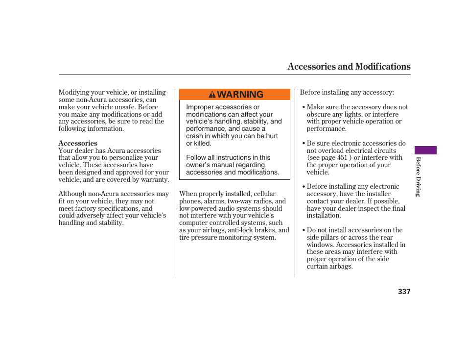 Accessories and modifications | Acura 2008 RL User Manual | Page 343 / 502