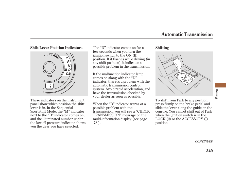 Automatic transmission | Acura 2008 RL User Manual | Page 355 / 502
