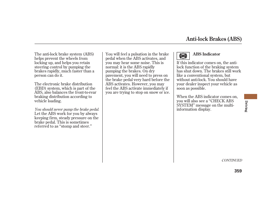 Anti-lock brakes (abs) | Acura 2008 RL User Manual | Page 365 / 502