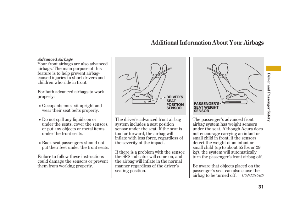 Additional information about your airbags | Acura 2008 RL User Manual | Page 37 / 502