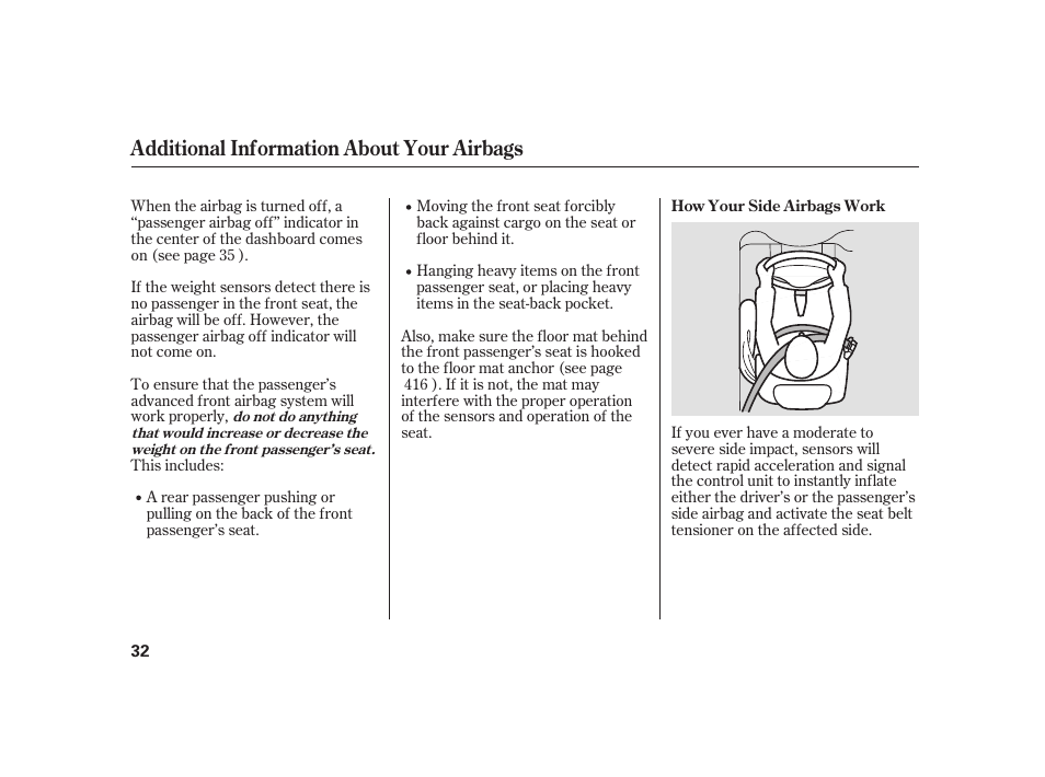 Additional information about your airbags | Acura 2008 RL User Manual | Page 38 / 502