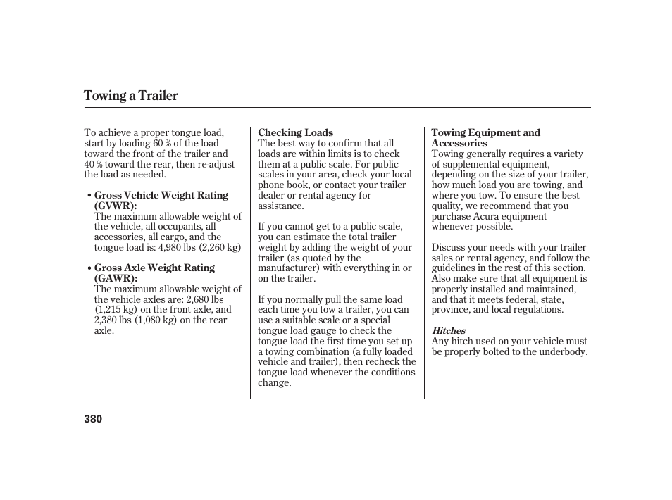 Towing a trailer | Acura 2008 RL User Manual | Page 386 / 502