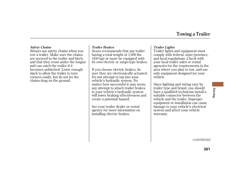 Towing a trailer | Acura 2008 RL User Manual | Page 387 / 502