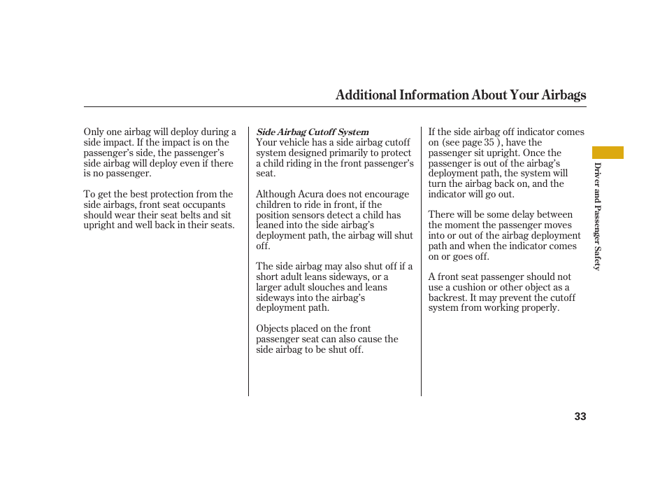 Additional information about your airbags | Acura 2008 RL User Manual | Page 39 / 502