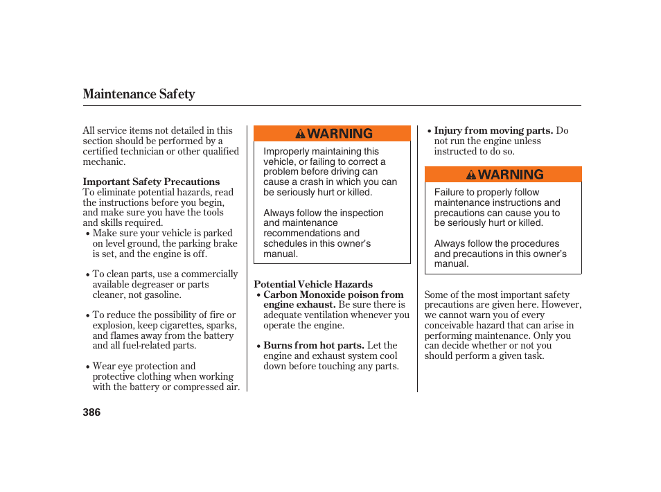 Maintenance safety | Acura 2008 RL User Manual | Page 392 / 502