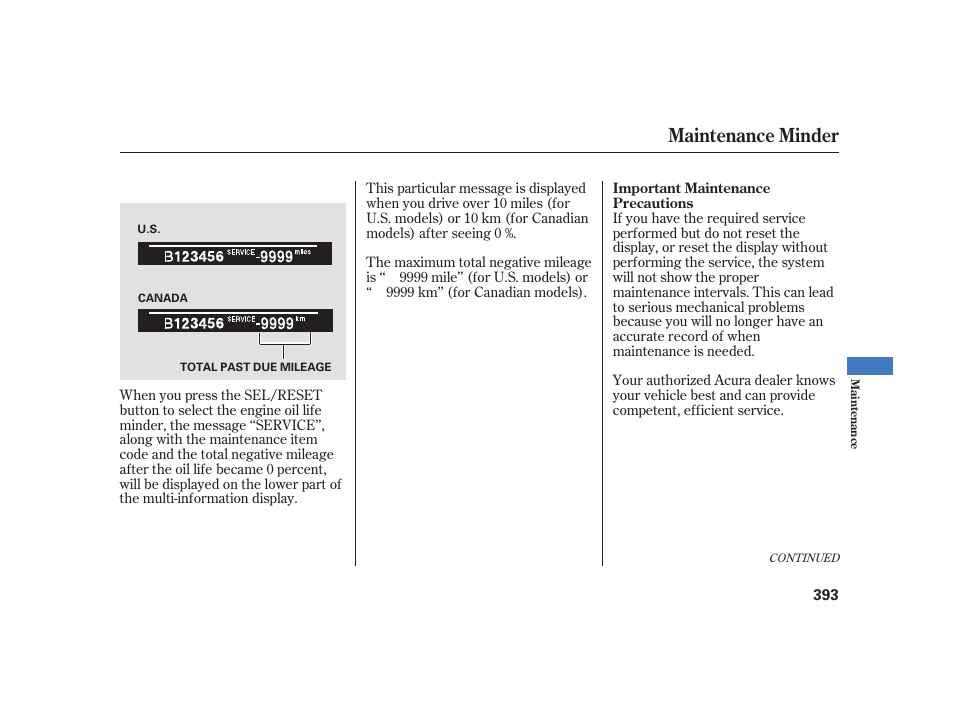 Maintenance minder | Acura 2008 RL User Manual | Page 399 / 502