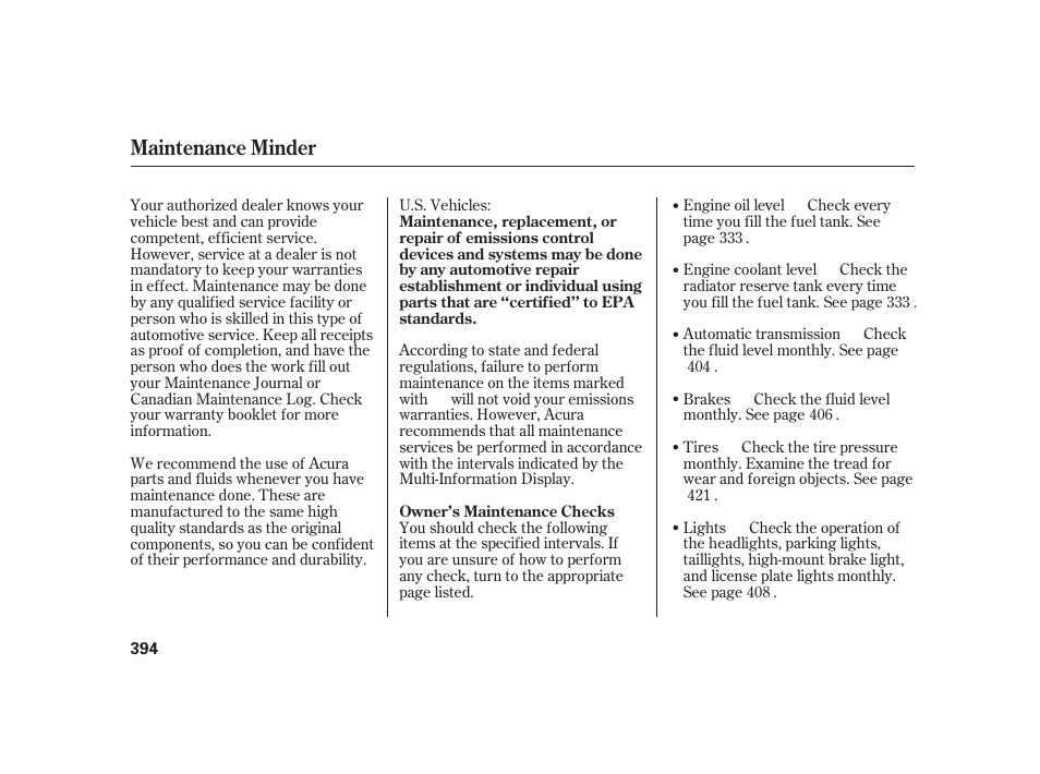Maintenance minder | Acura 2008 RL User Manual | Page 400 / 502