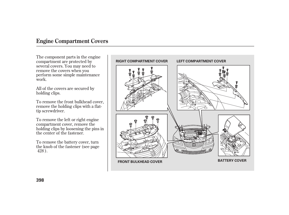 Engine compartment covers | Acura 2008 RL User Manual | Page 404 / 502