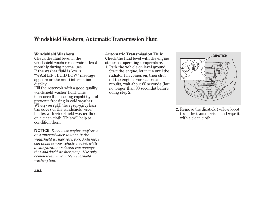 Windshield washers, automatic transmission fluid | Acura 2008 RL User Manual | Page 410 / 502