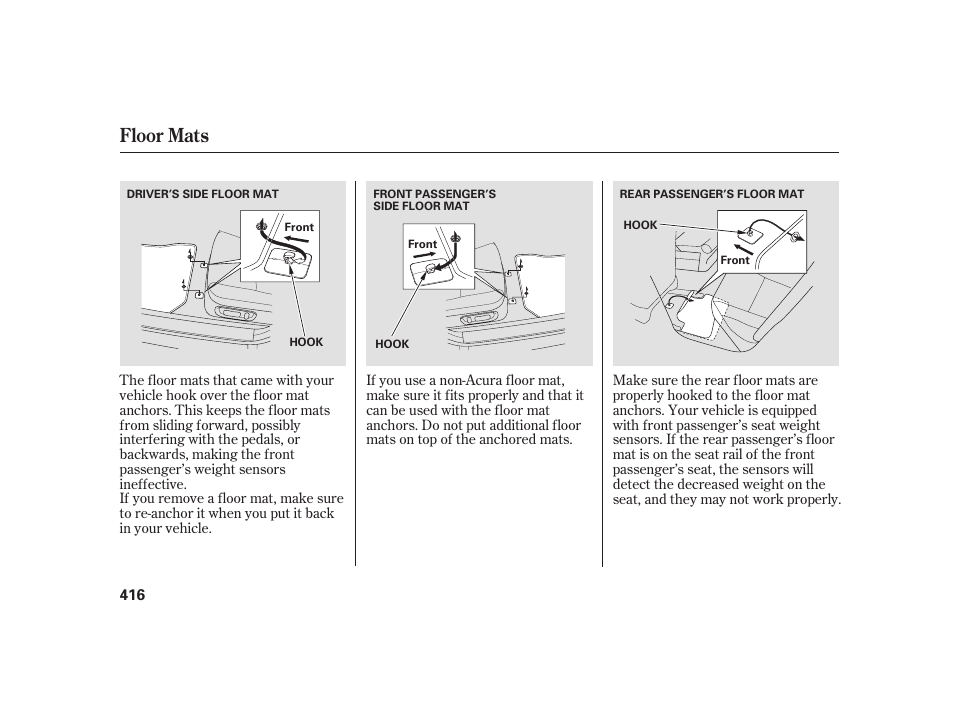 Floor mats | Acura 2008 RL User Manual | Page 422 / 502