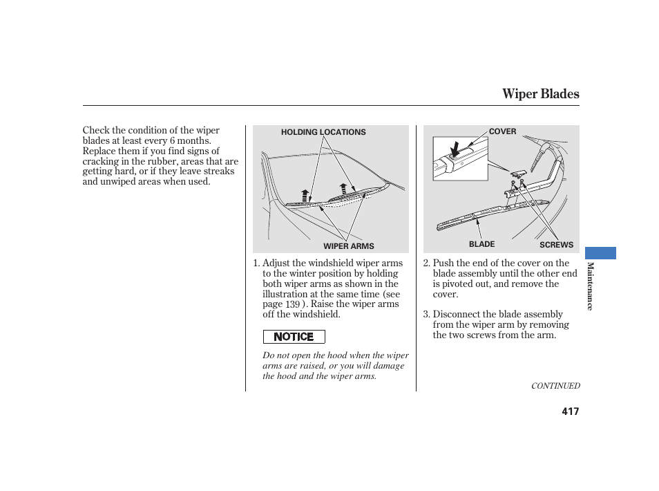 Wiper blades | Acura 2008 RL User Manual | Page 423 / 502