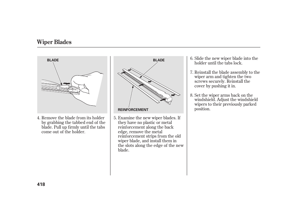 Wiper blades | Acura 2008 RL User Manual | Page 424 / 502