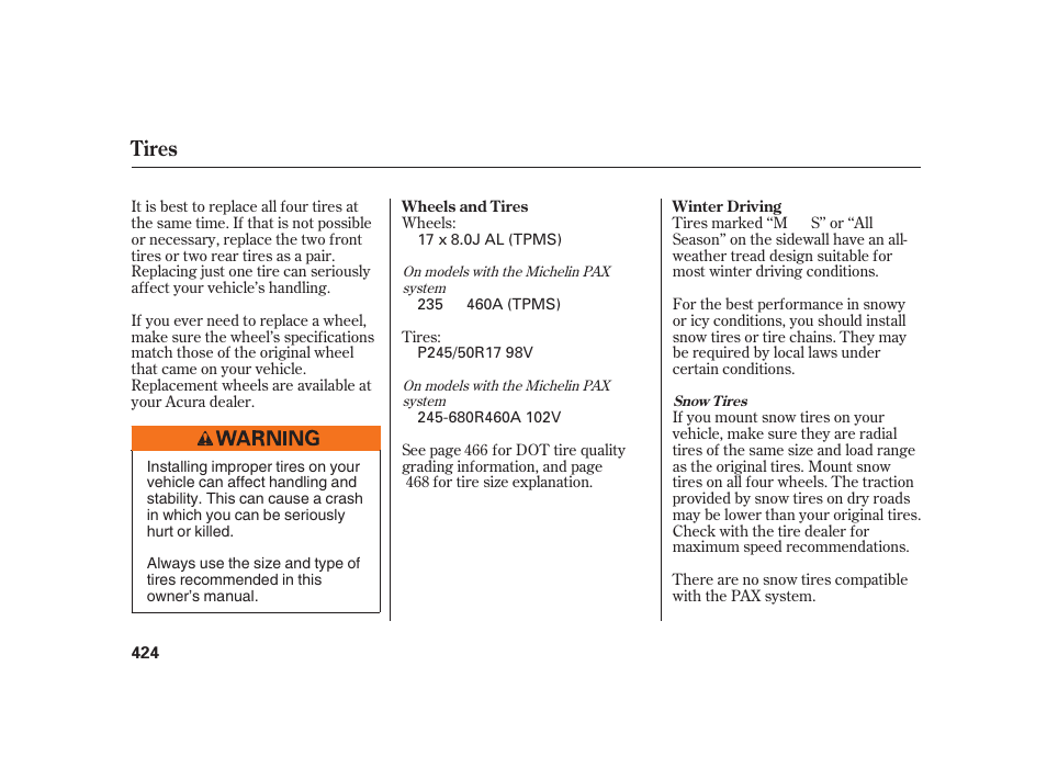 Tires | Acura 2008 RL User Manual | Page 430 / 502