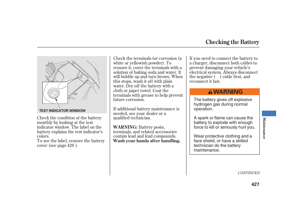 Checking the battery | Acura 2008 RL User Manual | Page 433 / 502