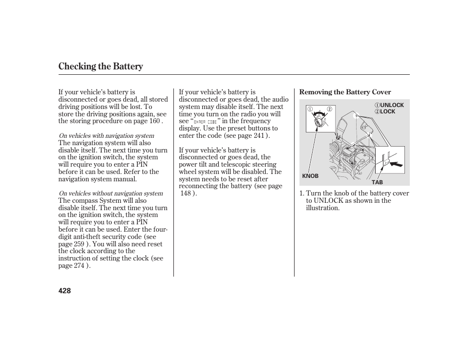 Checking the battery | Acura 2008 RL User Manual | Page 434 / 502