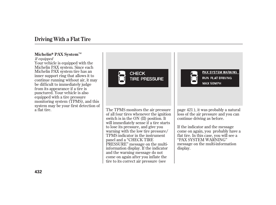 Driving with a flat tire | Acura 2008 RL User Manual | Page 438 / 502