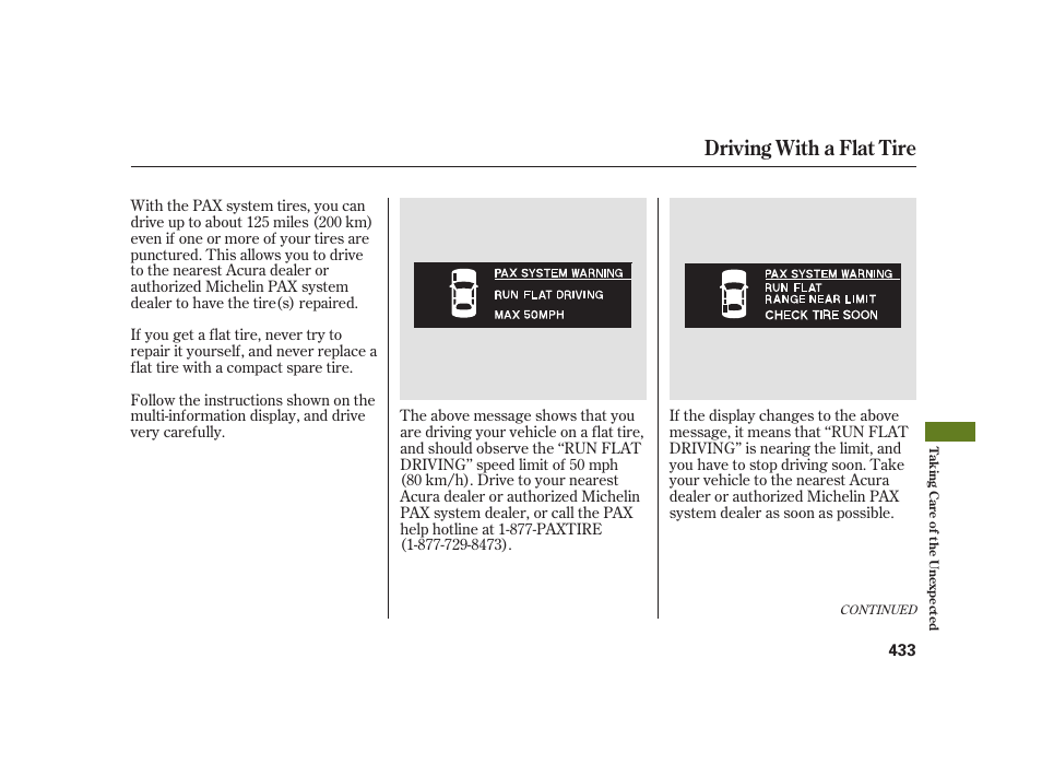 Driving with a flat tire | Acura 2008 RL User Manual | Page 439 / 502