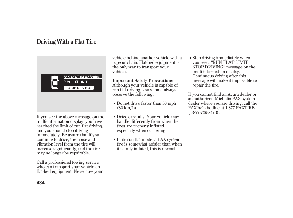 Driving with a flat tire | Acura 2008 RL User Manual | Page 440 / 502