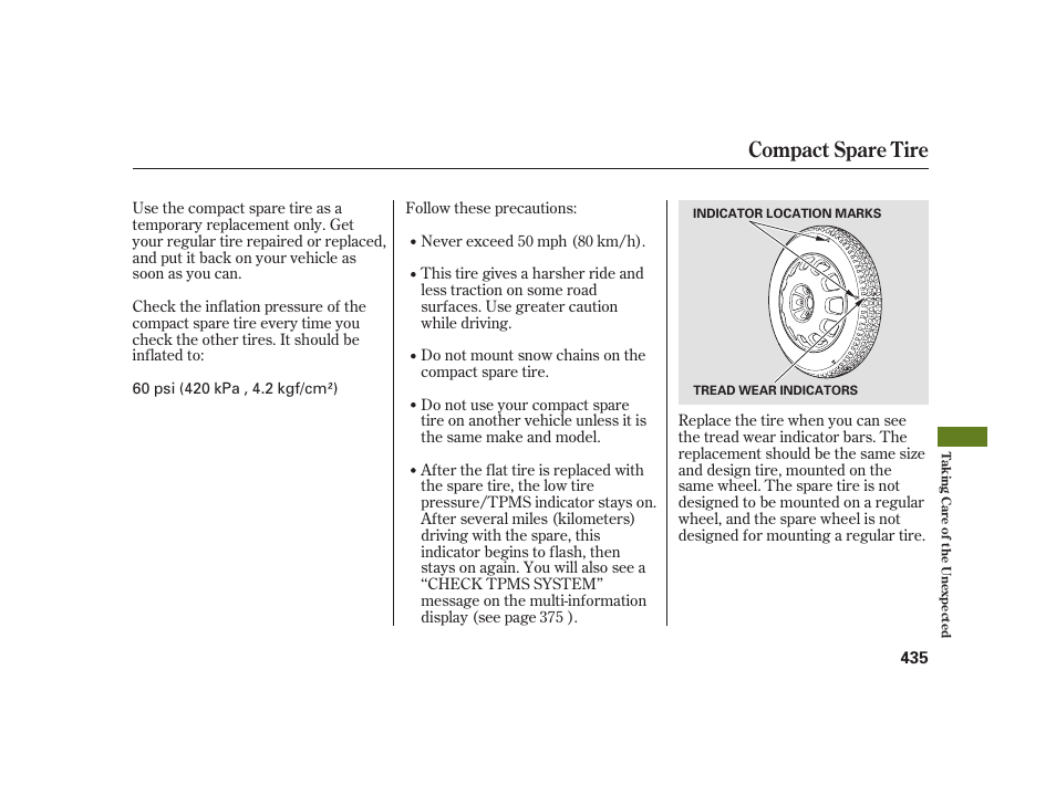 Compact spare tire | Acura 2008 RL User Manual | Page 441 / 502