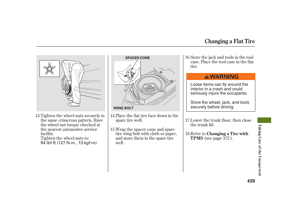 Changing a flat tire | Acura 2008 RL User Manual | Page 445 / 502