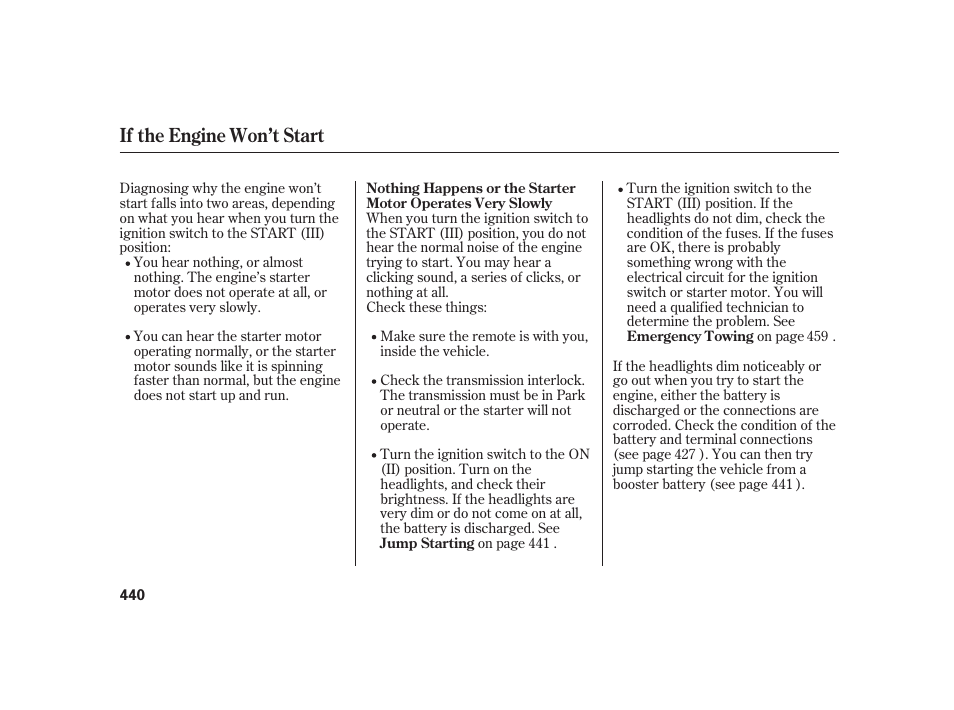 If the engine won’t start | Acura 2008 RL User Manual | Page 446 / 502