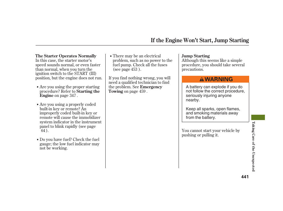 If the engine won’t start, jump starting | Acura 2008 RL User Manual | Page 447 / 502