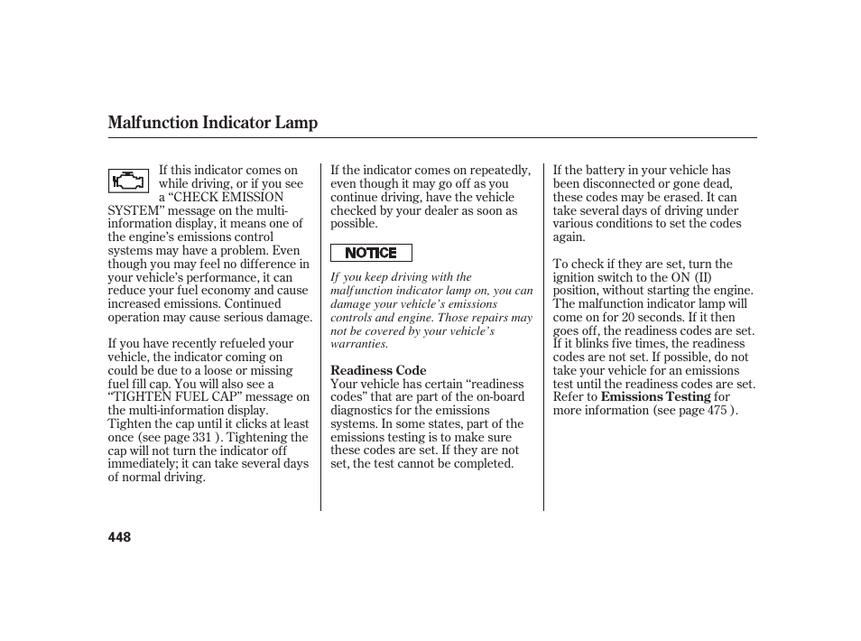 Malfunction indicator lamp | Acura 2008 RL User Manual | Page 454 / 502