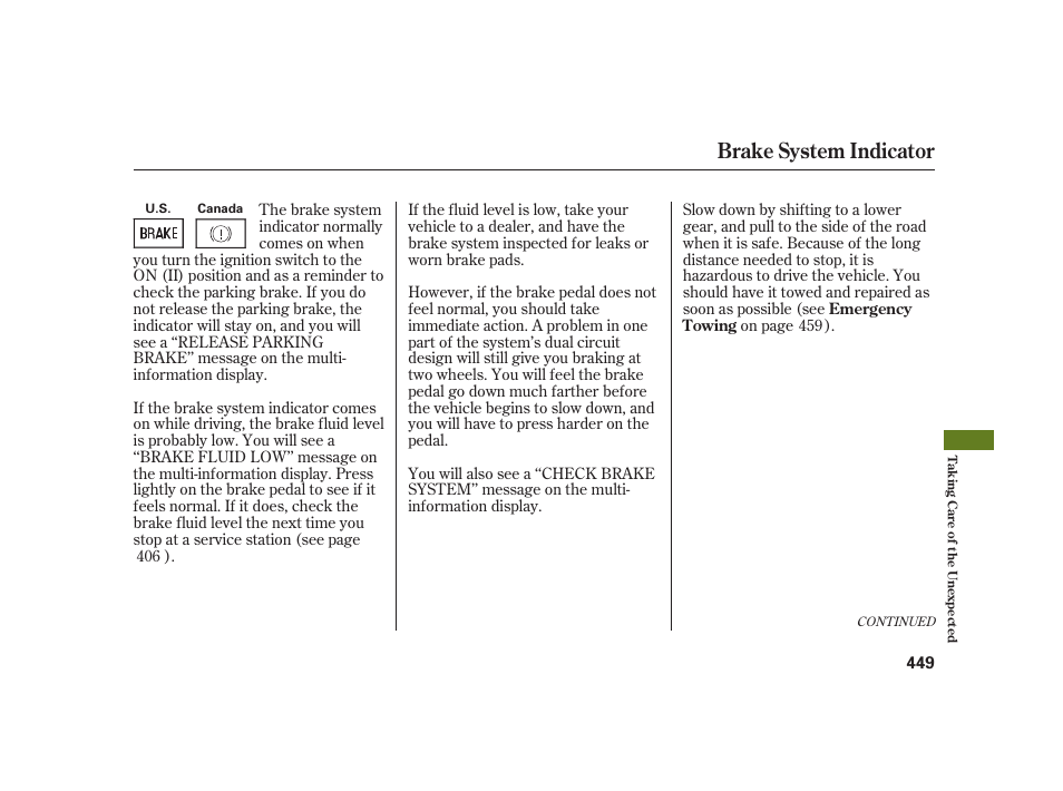 Brake system indicator | Acura 2008 RL User Manual | Page 455 / 502