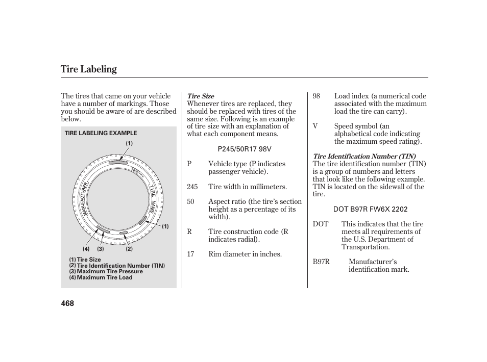 Tire labeling | Acura 2008 RL User Manual | Page 474 / 502