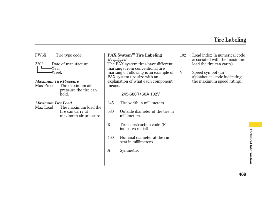 Tire labeling | Acura 2008 RL User Manual | Page 475 / 502