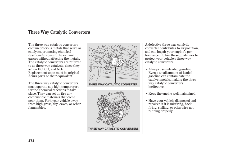 Three way catalytic converters | Acura 2008 RL User Manual | Page 480 / 502