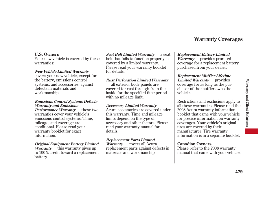 Warranty coverages | Acura 2008 RL User Manual | Page 485 / 502