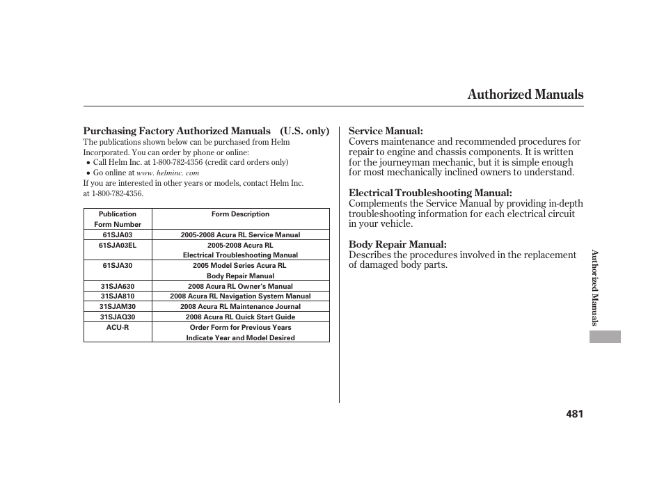 Authorized manuals | Acura 2008 RL User Manual | Page 487 / 502