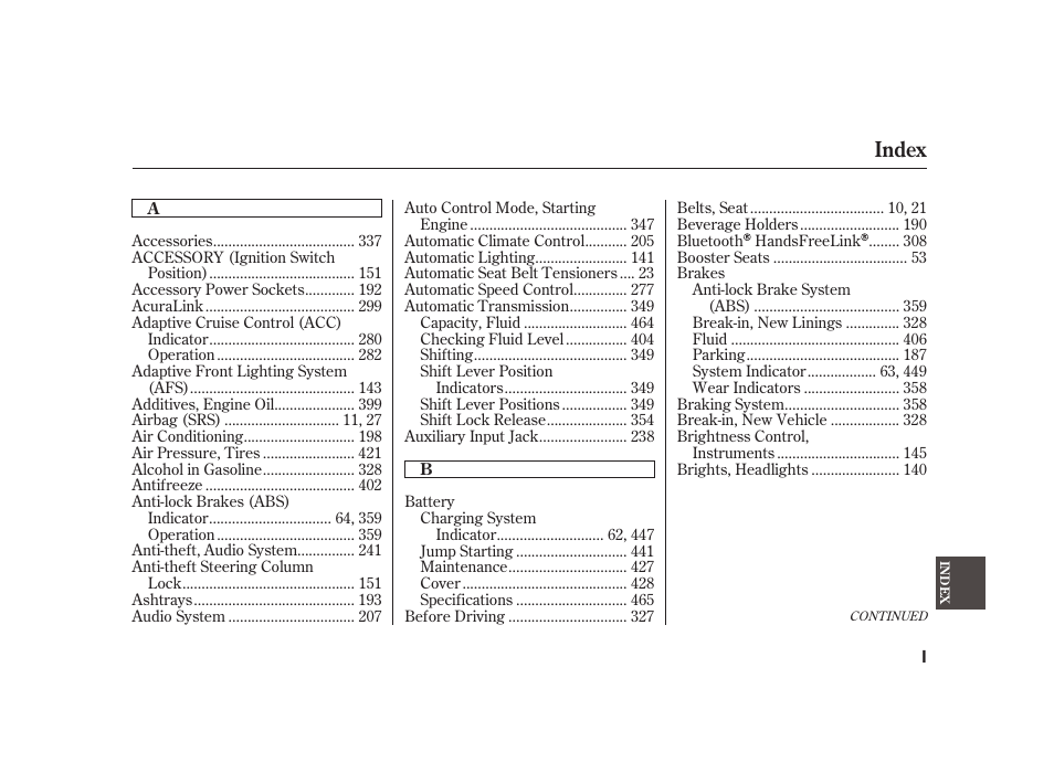 Index | Acura 2008 RL User Manual | Page 489 / 502