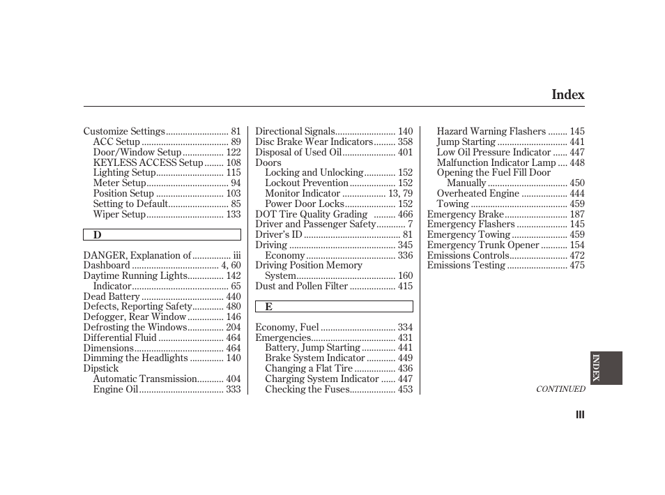Index | Acura 2008 RL User Manual | Page 491 / 502