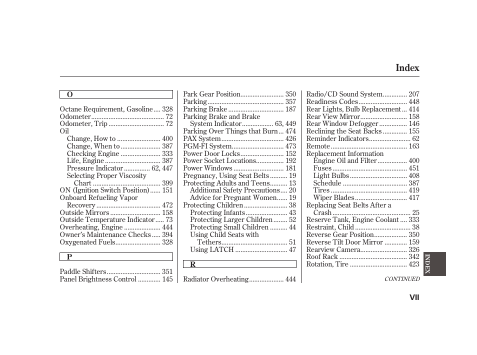 Index | Acura 2008 RL User Manual | Page 495 / 502