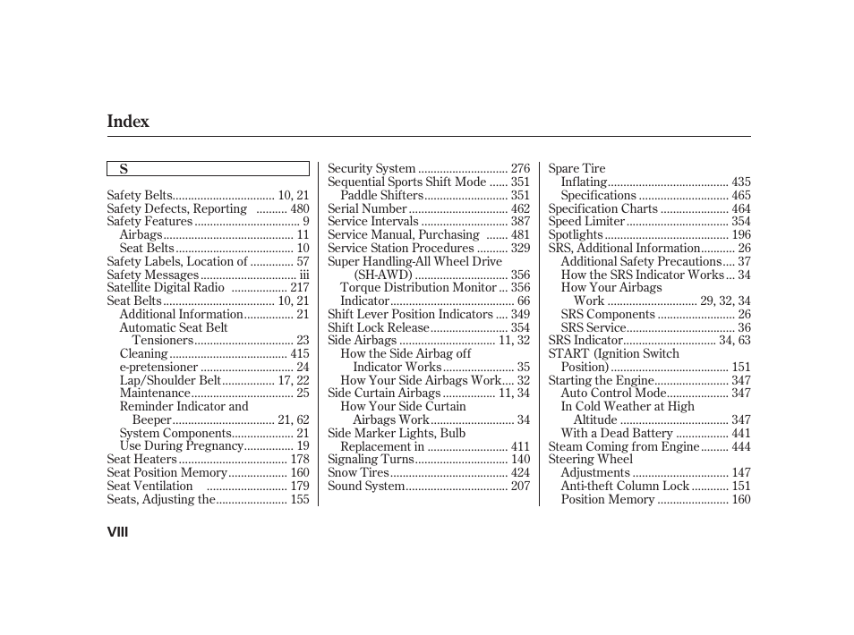 Index | Acura 2008 RL User Manual | Page 496 / 502