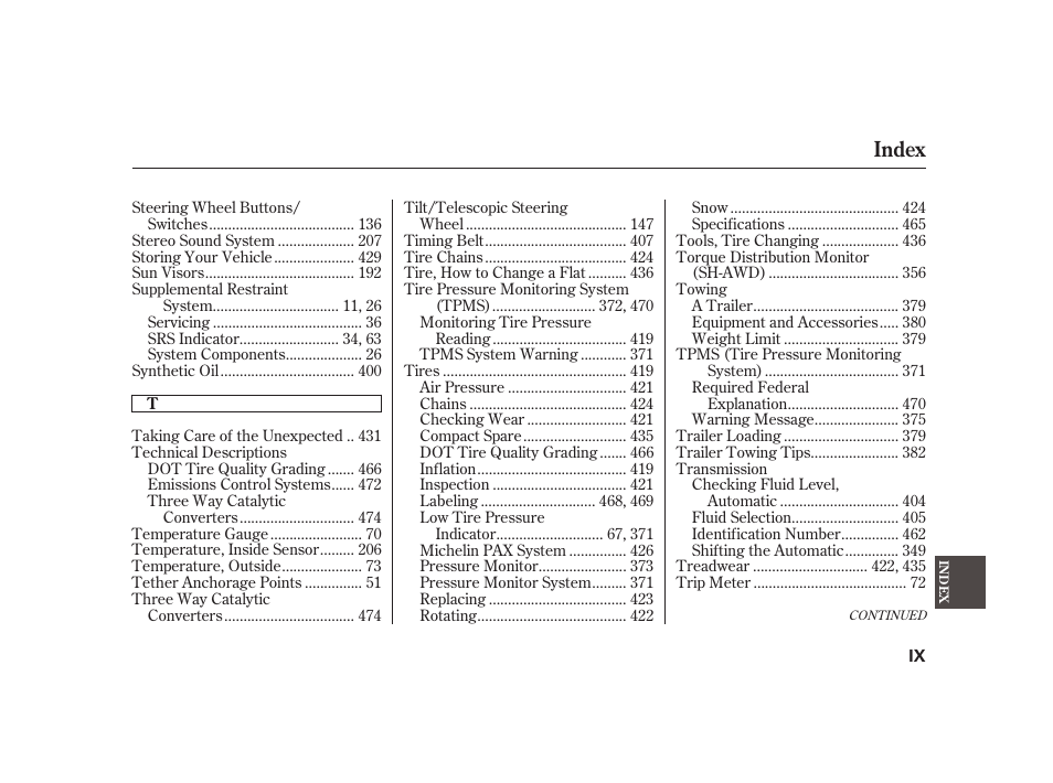 Index | Acura 2008 RL User Manual | Page 497 / 502