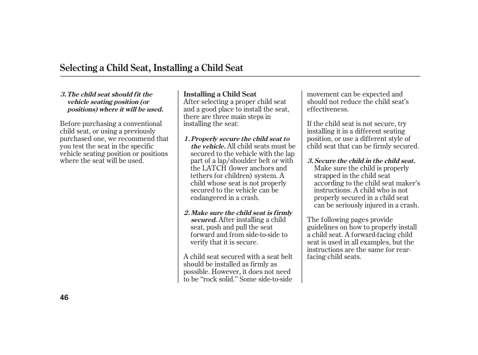 Selecting a child seat, installing a child seat | Acura 2008 RL User Manual | Page 52 / 502